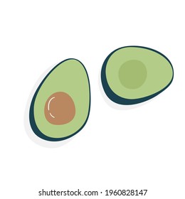 Flat illustration of cut avocado. Ripe delicious fruit. Tasty Hass avocado isolated on white background. Healthy food for proper nutrition.