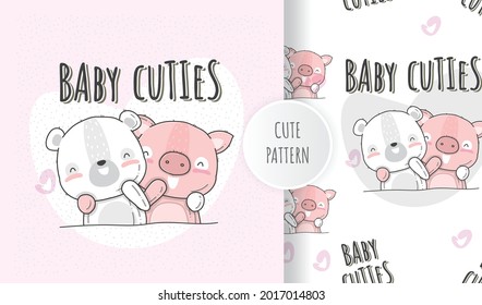Flat illustration cute animals baby bear with pig 