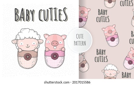 Flat illustration cute baby sheep with pig