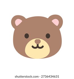 Flat illustration of a cute bear face with rounded ears and friendly expression. Perfect for children designs, animal characters, nursery graphics, and playful illustrations.