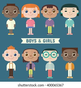 Flat illustration with cute boys and girls. Vector set.