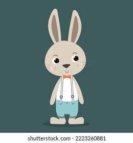 flat illustration with cute bunny in pants, bow tie and suspenders