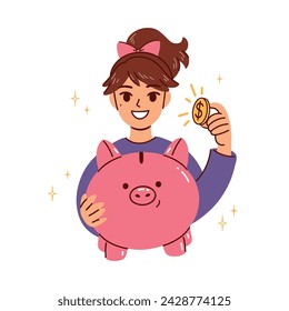 Flat illustration of cute cartoon girl with coin and piggy bank in hands. Planning finance, pocket money, child earnings concept. Vector teenage character isolated on a white background. 