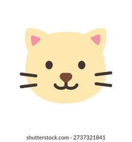 Flat illustration of a cute cat face with whiskers and bright eyes. Ideal for pet themes, children graphics, animal stickers, and playful designs.