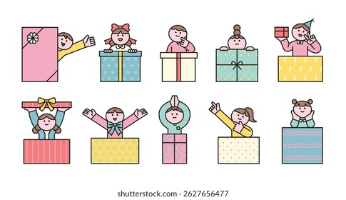 Flat illustration of cute characters popping out of gift boxes. Perfect for celebration, surprise events, birthday parties, and holiday promotions.