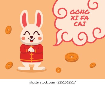 Flat Illustration of Cute Chinese Rabbit with Bubble Text Gong Xi Fa Cai. Vector Illustration.