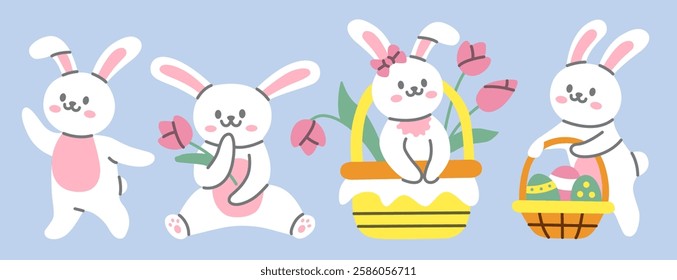 Flat illustration of cute Easter bunnies with flowers, festive baskets on a pastel blue background. Adorable rabbits holding tulips, sitting in a decorated basket, and carrying colorful Easter eggs.