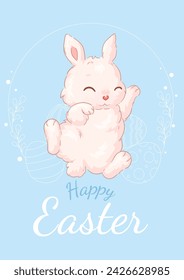 Flat illustration of a cute Easter bunny with Easter eggs.A4 Easter greeting cards.