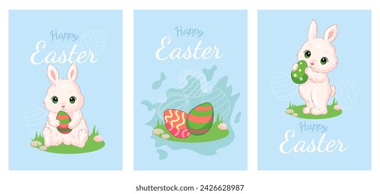 Flat illustration of a cute Easter bunny with Easter eggs.A4 Easter greeting cards.