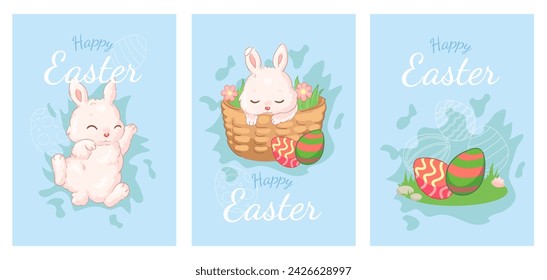 Flat illustration of a cute Easter bunny with Easter eggs.A4 Easter greeting cards.