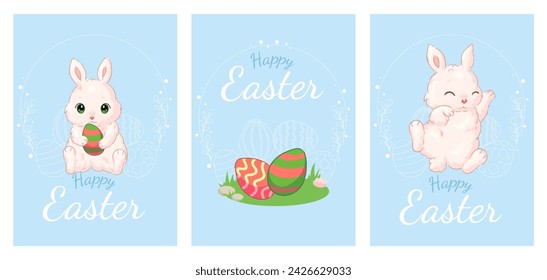 Flat illustration of a cute Easter bunny with Easter eggs.A4 Easter greeting cards.