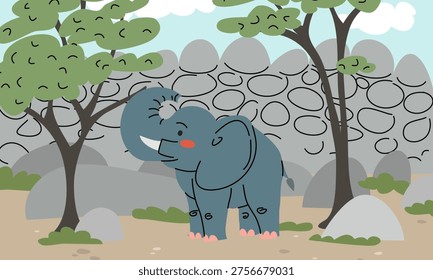 Flat illustration of a cute elephant character in a savanna landscape with trees and stone wall. Wild animal background for children book, zoo posters or nature banners. Alone in the zoo