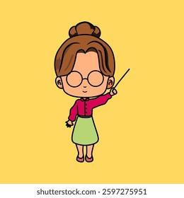 Flat Illustration Cute Female Teacher Holding a Pointer Stick, Wearing Glasses, Green Skirt, and Red Sweater. Yellow Background. Educational Material