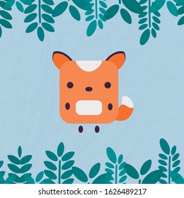 flat illustration of a cute fox with green leaves