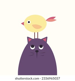 Flat illustration with cute funny cat with bird on head