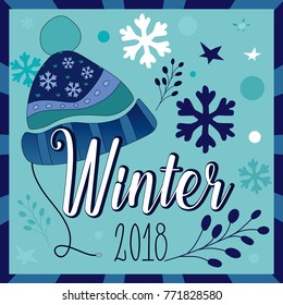 Flat illustration with cute hat and text winter 2018 on abstract winter background