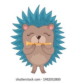 Flat illustration cute hedgehog in cartoon style with flute on green grass on white isolated background. Décor in the nursery.