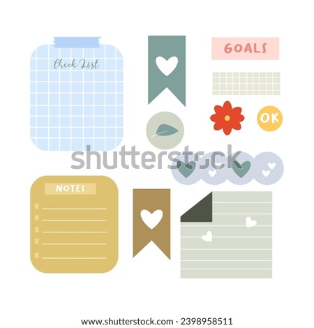 flat illustration of cute journal stickers set