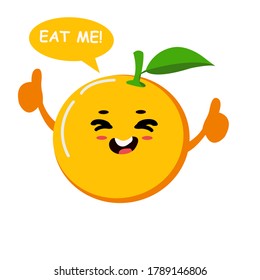 the flat illustration of cute laungh orange fruit with text eat me. perfect to advertising, mascot, logo iconic, graphic resources, banner, 