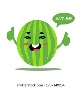 the flat illustration of cute laungh water melon  with text eat me. perfect to advertising, mascot, logo iconic, graphic resources, banner, 