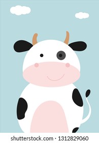 flat illustration cute milk cow face and body under blue sky with cloud in the air