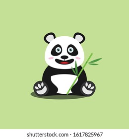 Flat Illustration of Cute Panda Holding a Bamboo Vector Cartoon Style.