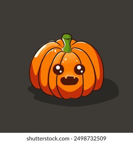 Ilustración plana del personaje lindo de la historieta de la calabaza con una gran sonrisa y ojos grandes, perfecto para las decoraciones del elemento de Halloween, tarjeta de felicitación, o libro de los niños
