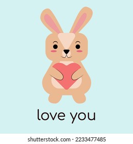 Ilustración plana de un conejo lindo con corazón. Postal para el nuevo año, Día de San Valentín. Postal con la inscripción "Te amo". Año nuevo 2023. Conejo vectorial en tonos desnudos.
