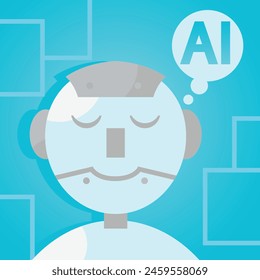 Flat illustration of cute robot dreaming of AI