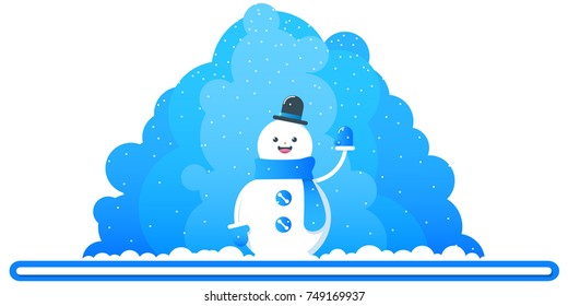 Flat illustration with cute snowman on abstract winter background