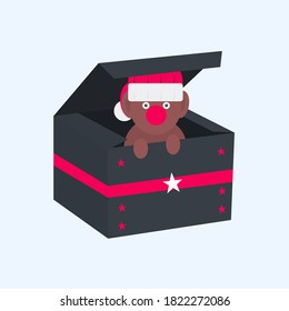 Flat illustration of a cute teddy bear in a Christmas gift box. Perfect for your Christmas