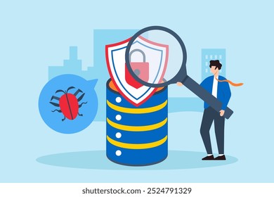 Ilustración plana de un ingeniero de ciberseguridad realizando pruebas de penetración en la base de datos de la empresa