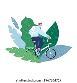 Flat illustration of a cyclist with a backpack riding white folding city bicycle on the foliage background