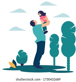 Flat illustration of dad and little girl  happily plays for a walk. Cartoon characters with the concept of father's affection for girls. Activities when you have free time.