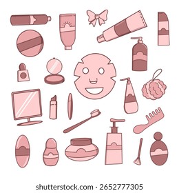 Ilustração plana de maquiagem diária e itens de rotina de cuidados com a pele, incluindo cremes, soros, batons e escovas. Perfeito para blogs de beleza, embalagens de produtos e designs de autocuidado.
