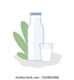 Flat illustration of dairy products in a bottle and glass. Milk, yogurt, kefir. Natural farm useful product. Vector illustration on white background.