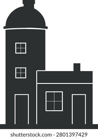 Flat illustration of a dark domed tower building beside a smaller rectangular house with a chimney and tall windows