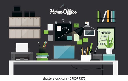 Flat illustration of dark home office workspace interior 