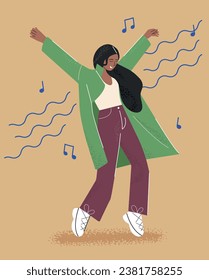 Flat illustration of a dark-skinned girl with black hair in a raincoat listening to music and dancing on a beige background