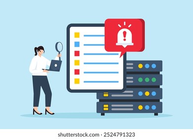 Ilustración plana de un experto en seguridad de datos inspeccionando los registros de seguridad con notificaciones de alerta apareciendo