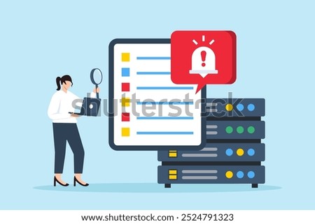 Flat illustration of data security expert inspecting security logs with alert notifications popping up