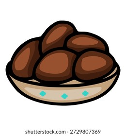 Flat illustration of dates in a decorative bowl, vector