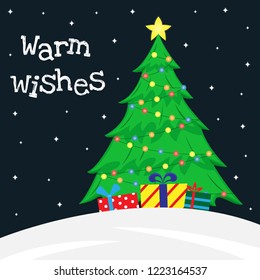 Flat illustration with decorated Christmas tree and Christmas gifts under it. Warm wishes.