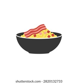 Flat Illustration of a Delicious Bowl of Spaghetti Carbonara with Crispy Bacon Strip and Ham Cubes