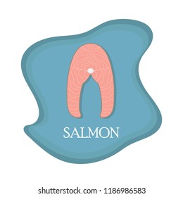Flat illustration of a delicious salmon steak on the blue background. Flat style vector.