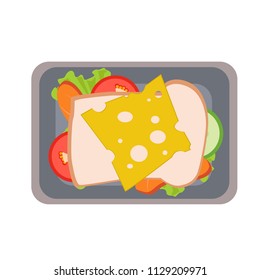 Flat illustration of delicious sandwich with salmon, cheese, fresh tomatoes, cucumber and lettuce leaves in lunch box. Food concept