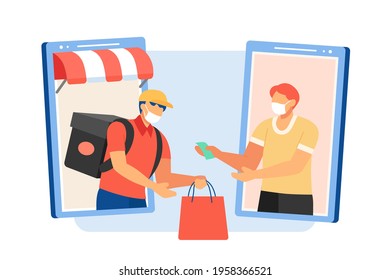 Flat Illustration Of Delivery Boy Handing Shopping Bag To Customer. Woman Giving Money For Her Order To Courier Man. Both Wearing Face Masks And Showing Up From Smartphone