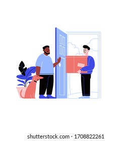 Flat illustration of a delivery guy delivering a package to the recipient's home. Online shopping during the quarantine. 