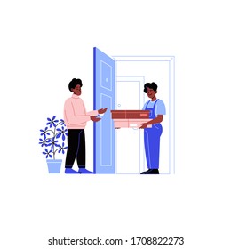 Flache Illustration eines Liefermanns, der ein Paket nach Hause des Empfängers liefert. Online-Shopping während der Quarantäne. 