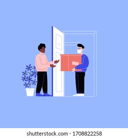 Ilustración plana de un tipo de entrega con máscara facial que entrega un paquete a la casa del destinatario. Compras en línea durante la cuarentena. 
